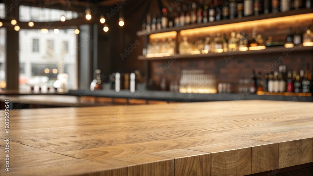 Wooden Tabletop in Blurred Bar Setting, Warm Lighting, Bokeh, Texture Bar, Interior Design Wooden Tabletop in Blurred Bar Setting, Warm Lighting, Bokeh, Texture Bar, Interior Design