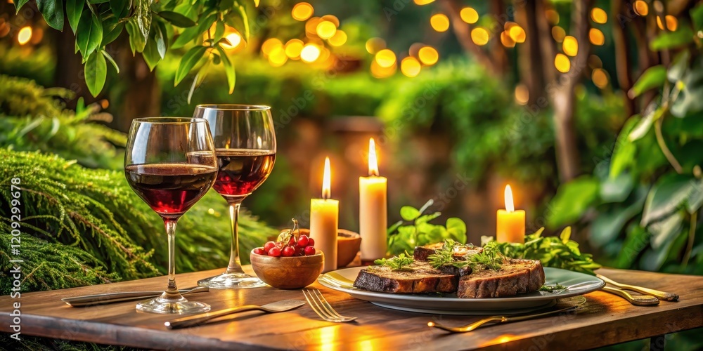 A romantic dinner for two on a candlelit table with grilled steaks and a glass of red wine, surrounded by lush greenery , Table Setting, Evening A romantic dinner for two on a candlelit table with grilled steaks and a glass of red wine, surrounded by lush greenery , Table Setting, Evening