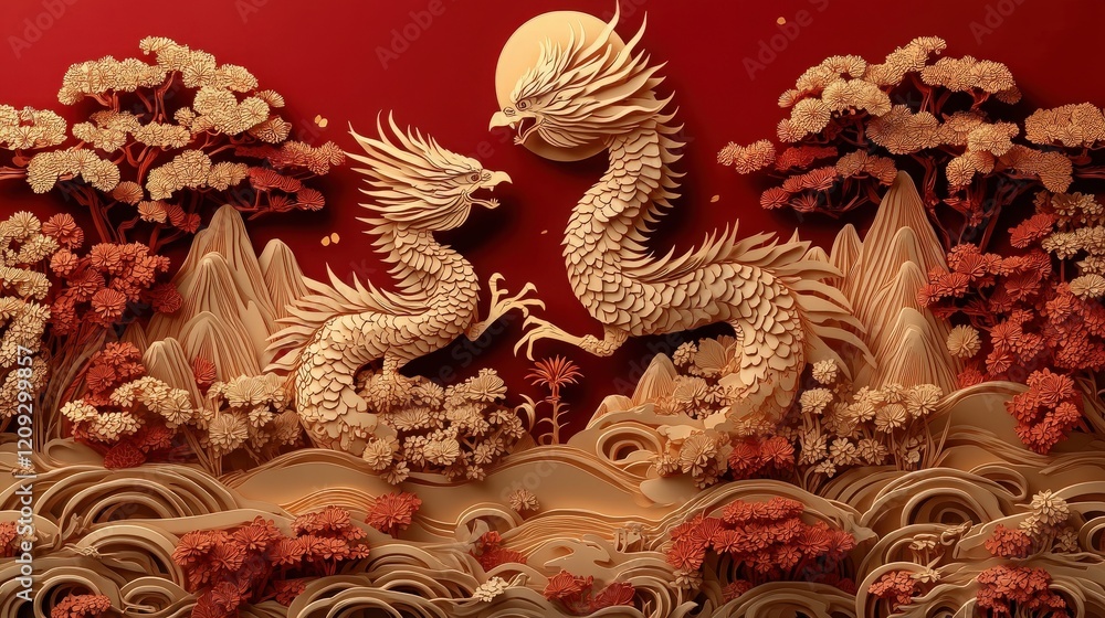 Obraz premium Intricate Dragon Paper Cut Art Depicting a Dynamic Battle Scene Amidst Lush Nature and Bright Moonlight in a Bold Red Landscape