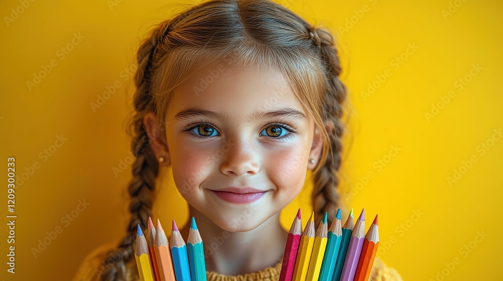 Child with twin braids smiles, holding large pastel pencils against yellow backdrop Child with twin braids smiles, holding large pastel pencils against yellow backdrop