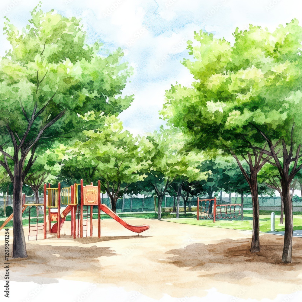 A vibrant playground scene surrounded by lush green trees under a bright sky, inviting children to play and explore. A vibrant playground scene surrounded by lush green trees under a bright sky, inviting children to play and explore.