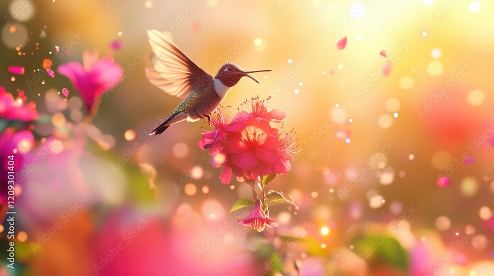 Hummingbird in Flight Amidst a Vibrant Floral Paradise at Golden Hour Hummingbird in Flight Amidst a Vibrant Floral Paradise at Golden Hour