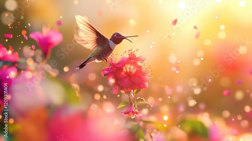 Wallpaper Mural Hummingbird in Flight Amidst a Vibrant Floral Paradise at Golden Hour Torontodigital.ca