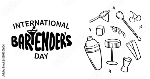 International Bartenders Day banner. Bartending Tools and Ingredients. Features Cocktail Shaker, Glass, Jigger, Bar Spoon, Strainer, Cherries. Ideal for Menu, Bar Posters. Vector outline illustration.