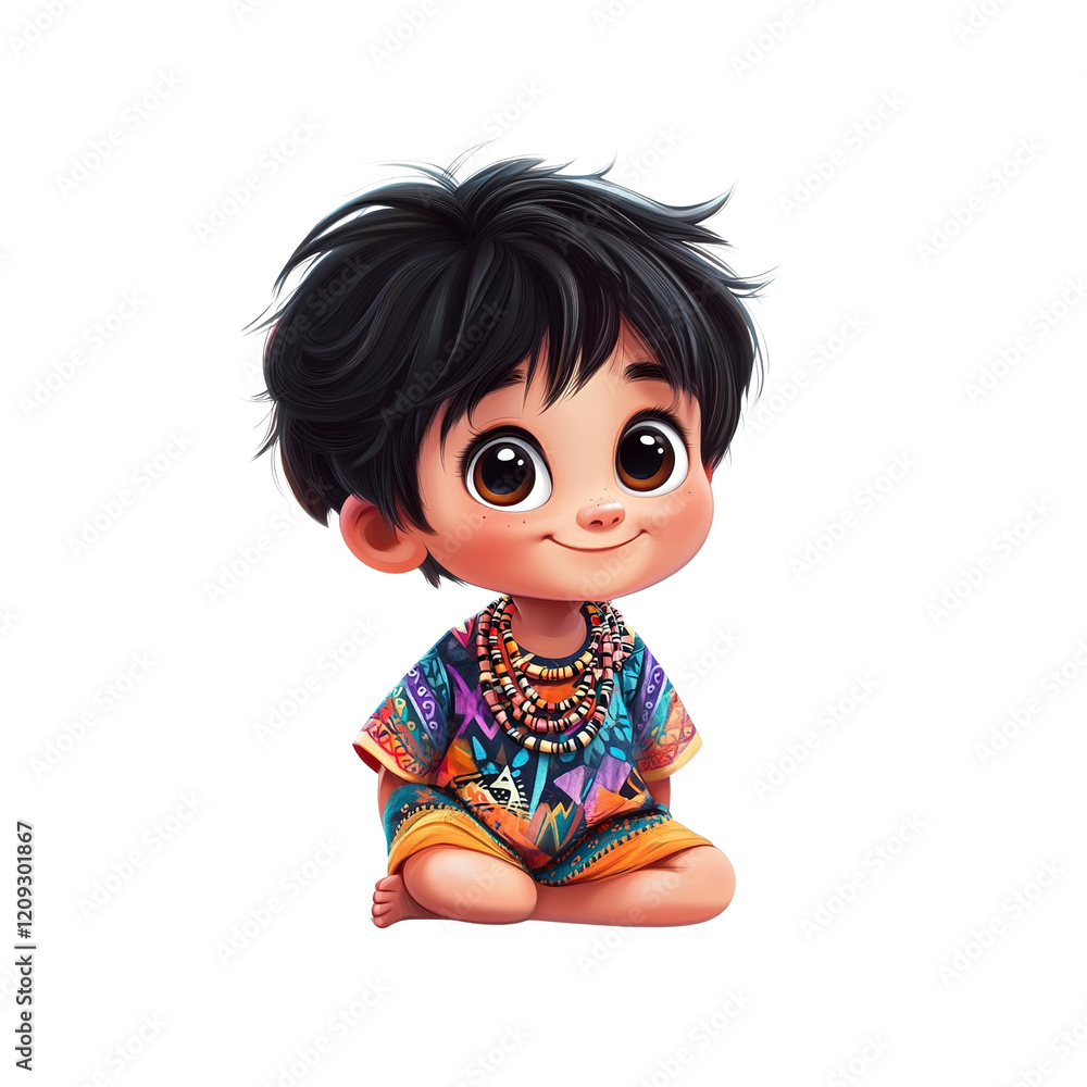 Adorable Cartoon Boy in Traditional Clothing, Sitting and Smiling Adorable Cartoon Boy in Traditional Clothing, Sitting and Smiling