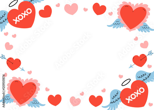 Romantic Border. Charming frame with red hearts, angels wings, and Cupid arrows. Perfect for wedding invitation, Valentine's card. Horizontal invitation background A4 format. Vector flat illustration.