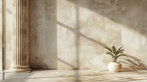 Antique background. Old ancient Roman wallpaper with column. Old plaster concept background. Digital illustration photo style. AI artwork.