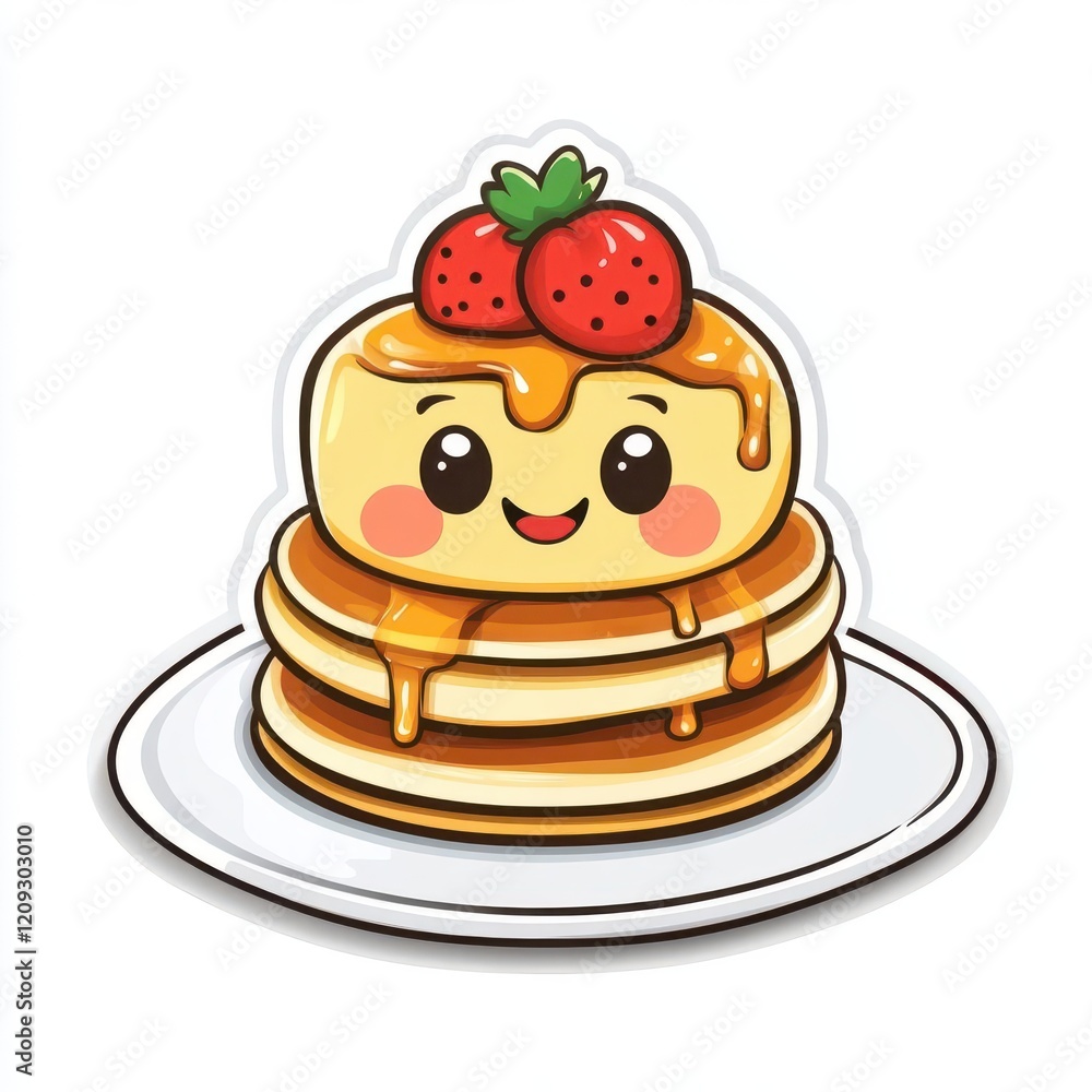 Cute cartoon pancake with strawberry and syrup illustration Cute cartoon pancake with strawberry and syrup illustration