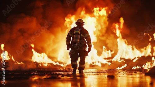 Bombero caminando en cámara lenta frente a un incendio masivo, rodeado de chispas y llamas en un escenario épico y heroico.