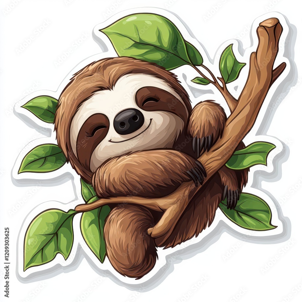 Naklejka premium Cute cartoon sloth hanging on a branch, with a happy expression.