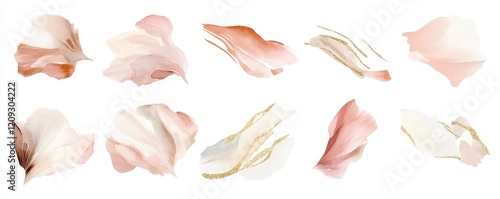 Abstract Arrangements. Elements, textures. Posters. Terracotta, blush, pink, ivory, beige watercolor Illustration and gold elements, on white background. Modern print set. Wall art. Business card., Ge