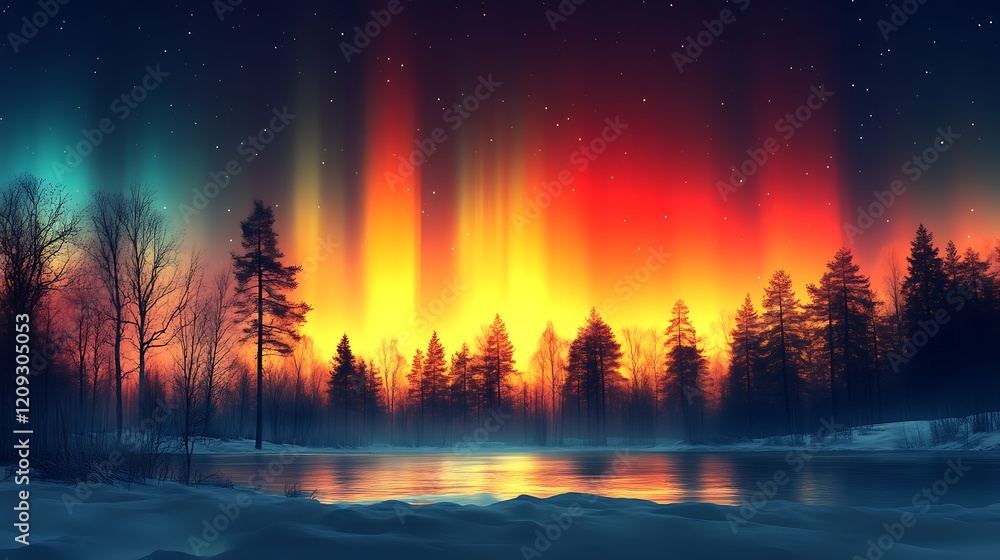 Obraz premium Winter Forest Aurora Borealis Night Sky Landscape