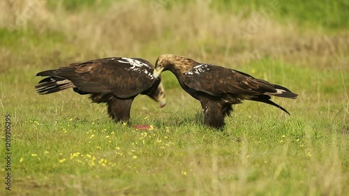 Male and female Spanish Imperial Eagle in a Mediterranean forest eating a hunted prey at the first light of a winter day