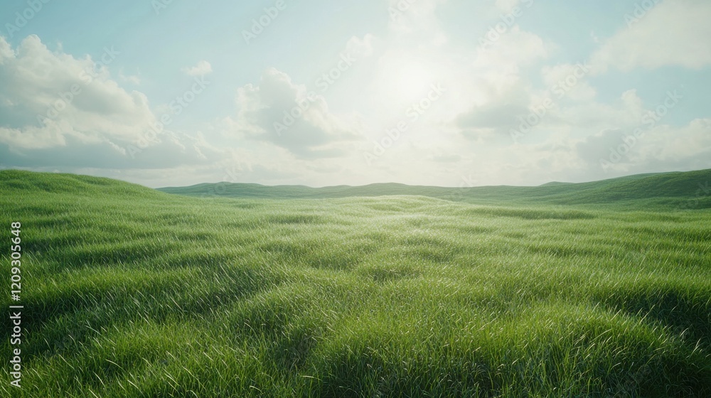 A serene green landscape under a bright sky with gentle clouds. A serene green landscape under a bright sky with gentle clouds.