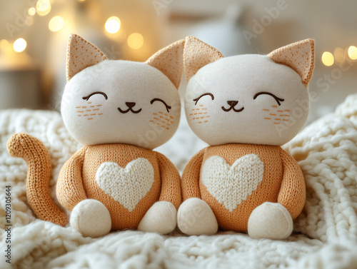 Two adorable knitted cat plush toys with heart patterns, sitting on a cozy blanket with warm bokeh lights in the background. photo