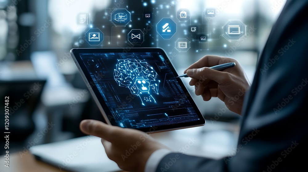 A businessman is using his tablet with hologram digital icons A businessman is using his tablet with hologram digital icons