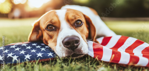 Joyful beagle resting on American flag, enjoying sunny day outdoors. This playful dog embodies spirit of freedom and happiness, perfect for patriotic celebrations photo