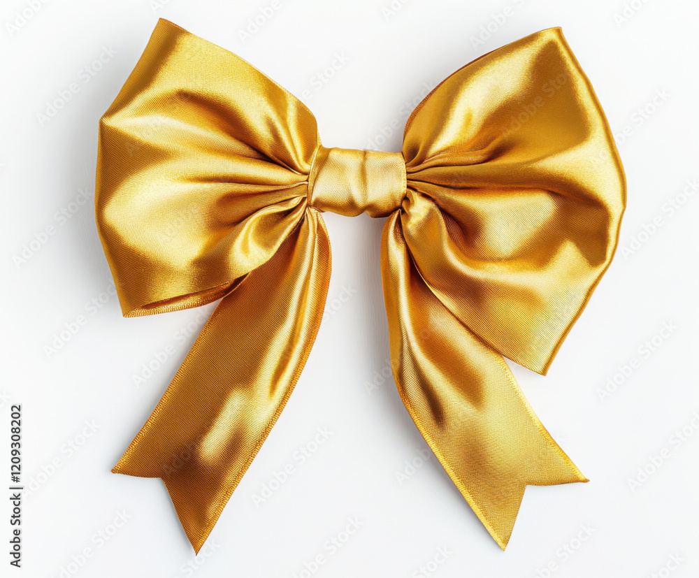 Elegant golden ribbon bow with smooth satin texture for gift wrapping or decoration displayed on a neutral background Elegant golden ribbon bow with smooth satin texture for gift wrapping or decoration displayed on a neutral background