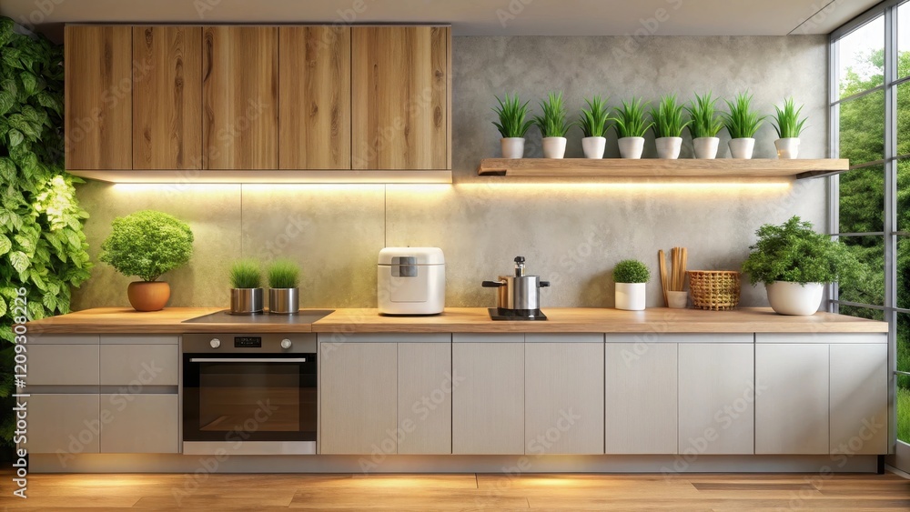 Fototapeta premium Modern Kitchen Design with Integrated Wood Cabinets and Abundant Greenery