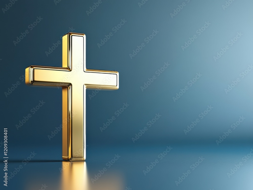 Naklejka premium Golden cross resting on a reflective surface with a soft blue background at a serene setting