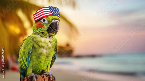 Lively parrot wearing tiny American flag hat perched on wooden post by beach, showcasing vibrant colors against beautiful sunset background photo