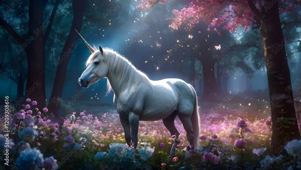 Unicorn surrounded by glowing flowers in a forest clearing, Unicorn surrounded by glowing flowers in a forest clearing,