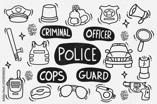 set of police doodle good for background, wallpaper, element design, icon, print design, etc