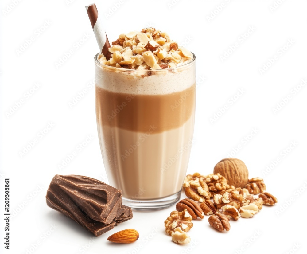 Gourmet nut and chocolate beverage topped with crushed nuts served in a tall glass Gourmet nut and chocolate beverage topped with crushed nuts served in a tall glass
