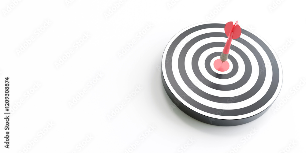 Red arrows reaching the center target. Darts target. 3d rendering Red arrows reaching the center target. Darts target. 3d rendering
