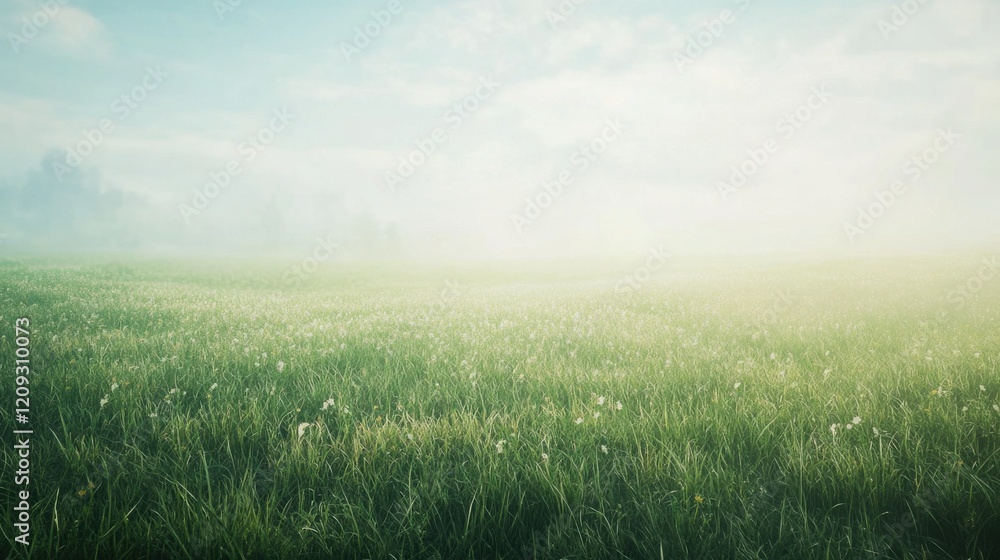 A serene landscape of green grass under a soft mist, inviting calmness and reflection. A serene landscape of green grass under a soft mist, inviting calmness and reflection.