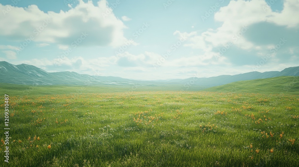 Obraz premium A serene landscape of lush green grass under a bright blue sky with distant mountains.
