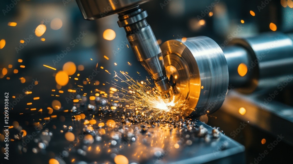 Detailed view of a cutting tool machining a metal piece, with sparks flying and fluids enhancing the process in a dark workspace. Detailed view of a cutting tool machining a metal piece, with sparks flying and fluids enhancing the process in a dark workspace.