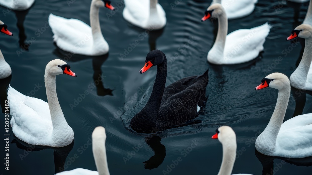 Obraz premium Black swan surrounded by white swans in dark water.