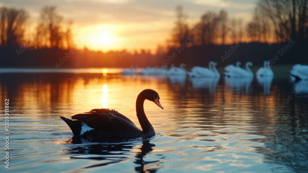 Fototapeta premium Black swan swimming at sunset with white swans in the background.