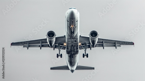 Airplane taking off with landing gear down in a grey cloudy sky view from below photo