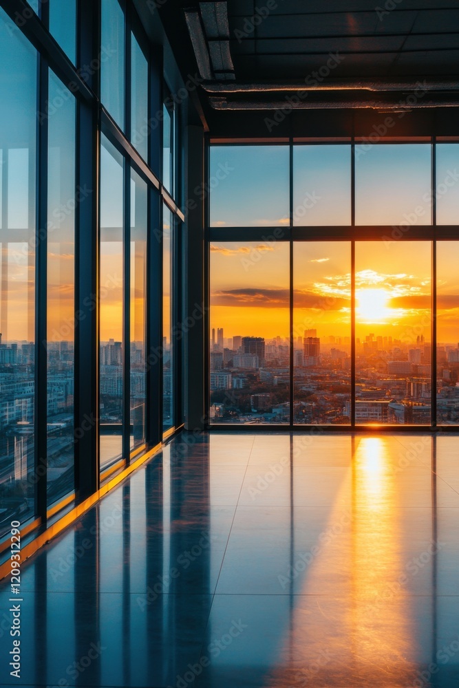 Fototapeta premium Sunset Cityscape View from Modern Office