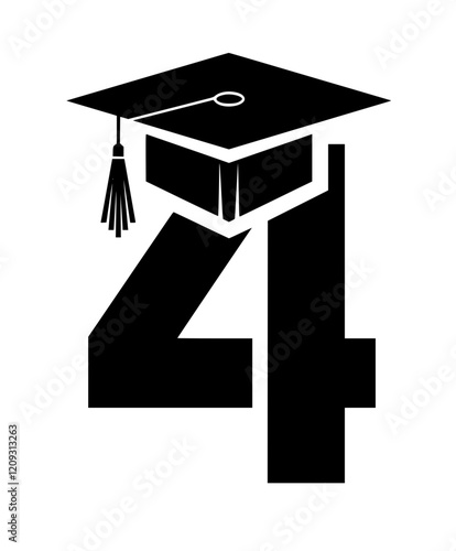 Graduation Cap on Number Four Symbol, Black and white illustration of the number four wearing a graduation cap, representing education, academic success, and scholarly achievement.  
 
