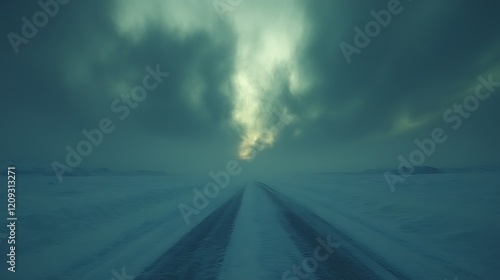 Snowy Road Vanishing Into Foggy Winter Landscape