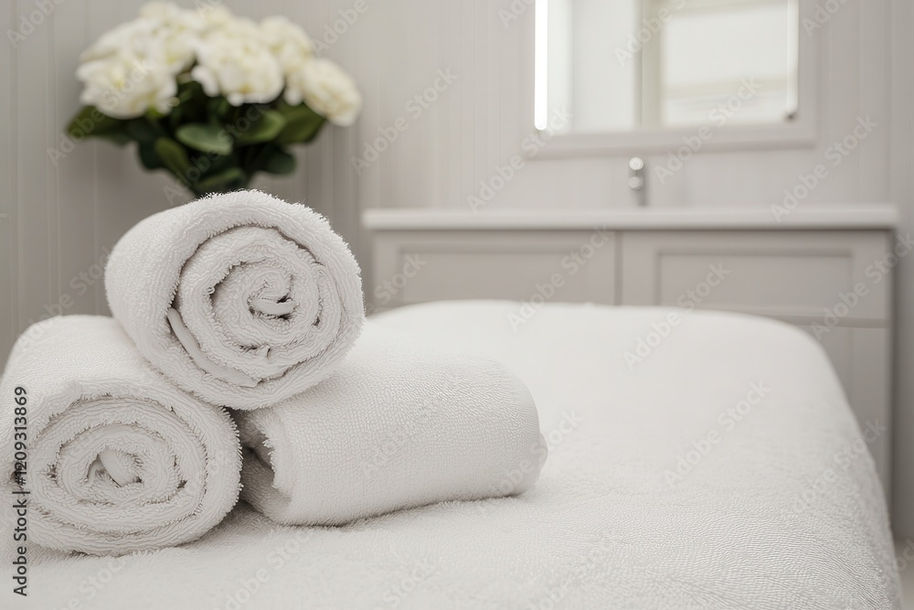 A serene spa setting featuring neatly rolled white towels on a soft surface, complemented by a bouquet of flowers in the background. A serene spa setting featuring neatly rolled white towels on a soft surface, complemented by a bouquet of flowers in the background.