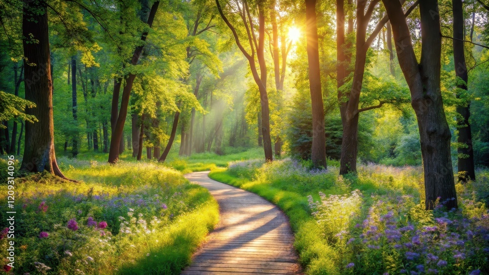Fototapeta premium Sunlit Pathway Winding Through a Lush Forest of Vibrant Spring Flowers and Majestic Trees