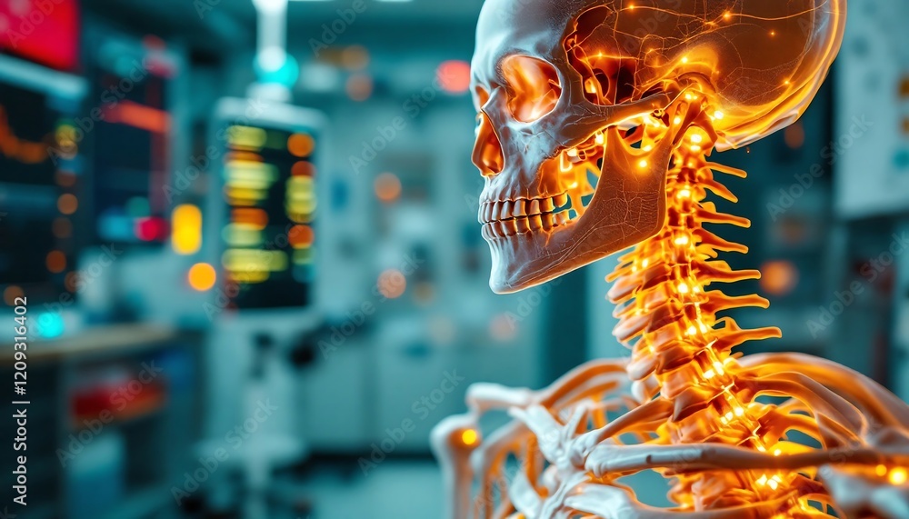Fototapeta premium Glowing Human Skeleton Anatomy: Medical 3D Model in Hospital Setting