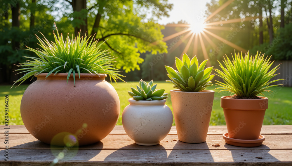 Fototapeta premium Lush green plants in unique ceramic pots on rustic garden table, nature's beauty. Spring plantings.