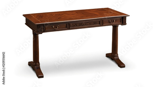 Detailed depiction of a beautifully crafted wooden table, showing off the intricate wood grain pattern and polished surface on a white background