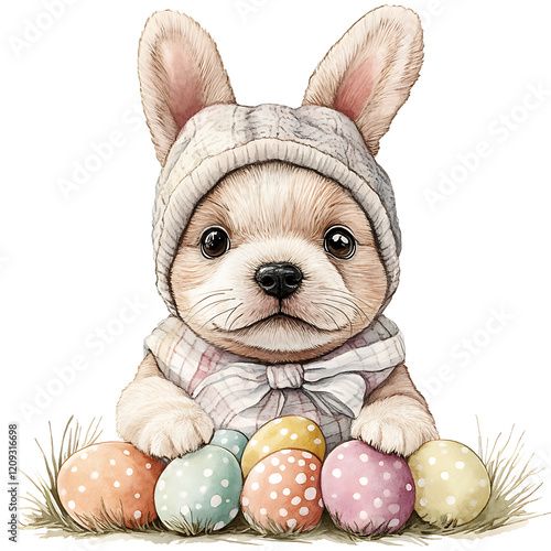 cute puppy wearing hat and bow tie sits among colorful Easter eggs, exuding playful and whimsical charm. This delightful scene captures joy of springtime festivities photo