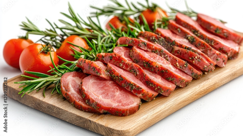 Sliced smoked meat, rosemary, tomatoes on wooden board. Food photography for recipe blogs, websites, and cookbooks Sliced smoked meat, rosemary, tomatoes on wooden board. Food photography for recipe blogs, websites, and cookbooks