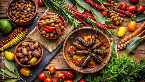 Australian Aboriginal Flag Inspired Bush Tucker Feast: Native Australian Food Photography photo