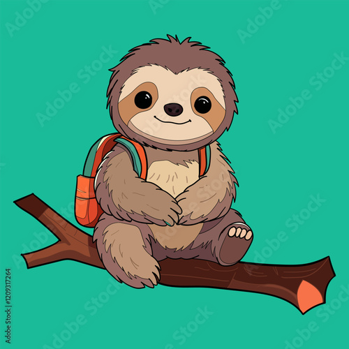 Cute Sloth Sitting On Branch With Backpack Cartoon Vector Illustration