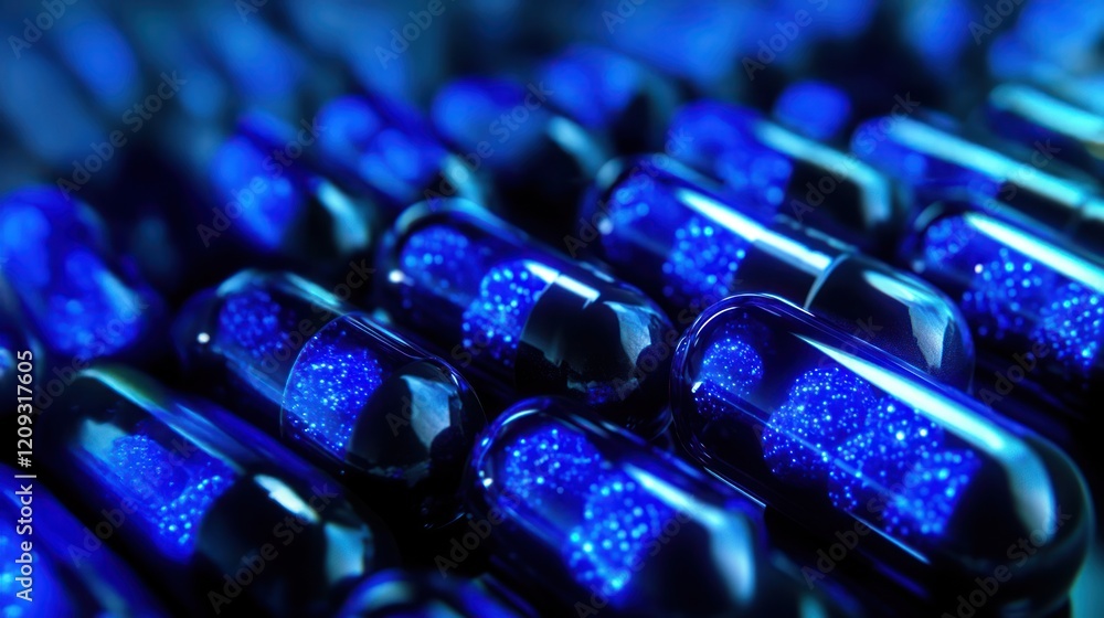 Close up of glowing blue pills inside black bottles symbolizing energy, showcases mental wellness supplements, fish oil supplements, and health supplements Close up of glowing blue pills inside black bottles symbolizing energy, showcases mental wellness supplements, fish oil supplements, and health supplements