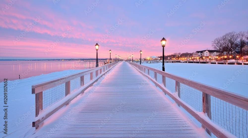 Snowy pier sunrise coastal town winter. Peaceful waterfront scene, ideal for travel brochures Snowy pier sunrise coastal town winter. Peaceful waterfront scene, ideal for travel brochures