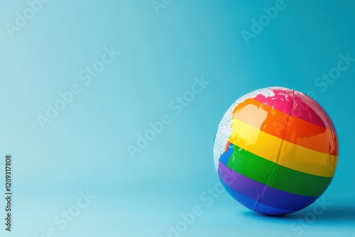 Global unity and diversity celebration for International day against homophobia, biphobia, and transphobia. Horizontal banner. Copy space. Globe in colors of LGBT flag on a blue background photo